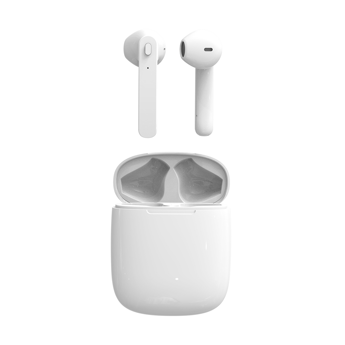 Die Maginon In-Ear-Kopfhörer BIK-3PLUS in Weiß verfügen über Bluetooth 5.0, 3,5 Stunden Akkulaufzeit, induktives Laden und separate Fächer im offenen Gehäuse. Die Ohrhörer sind oberhalb des Gehäuses in Vorder- und Seitenansicht abgebildet.