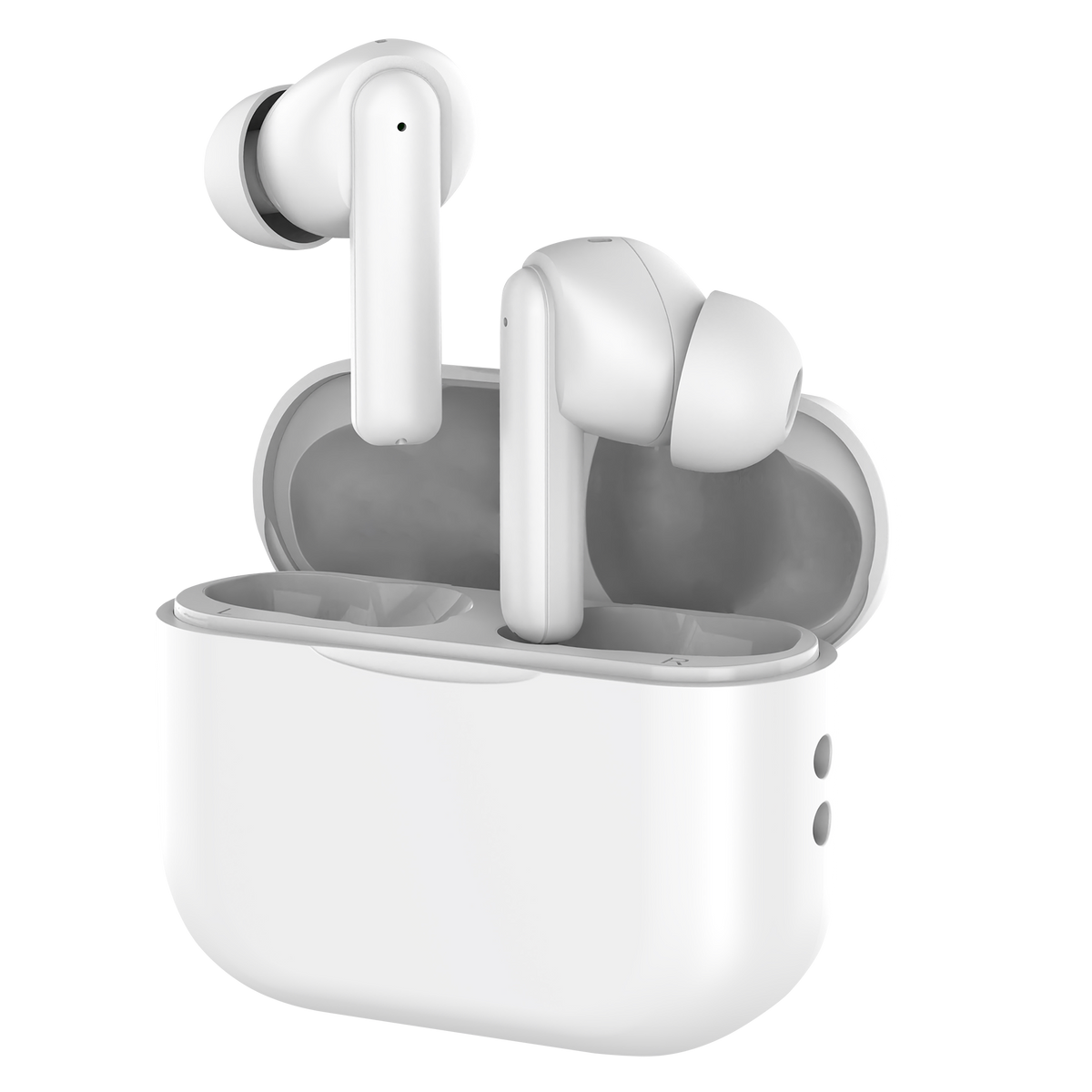 Der Maginon In-Ear-Kopfhörer BIK-8 – Bluetooth 5.3, mit ENC-Technologie & 6 Stunden Wiedergabe, liegen in ihrem weißen Case; Ein Ohrhörer steht aufrecht, der andere liegt flach. Modernes Design mit hoher Klangqualität.