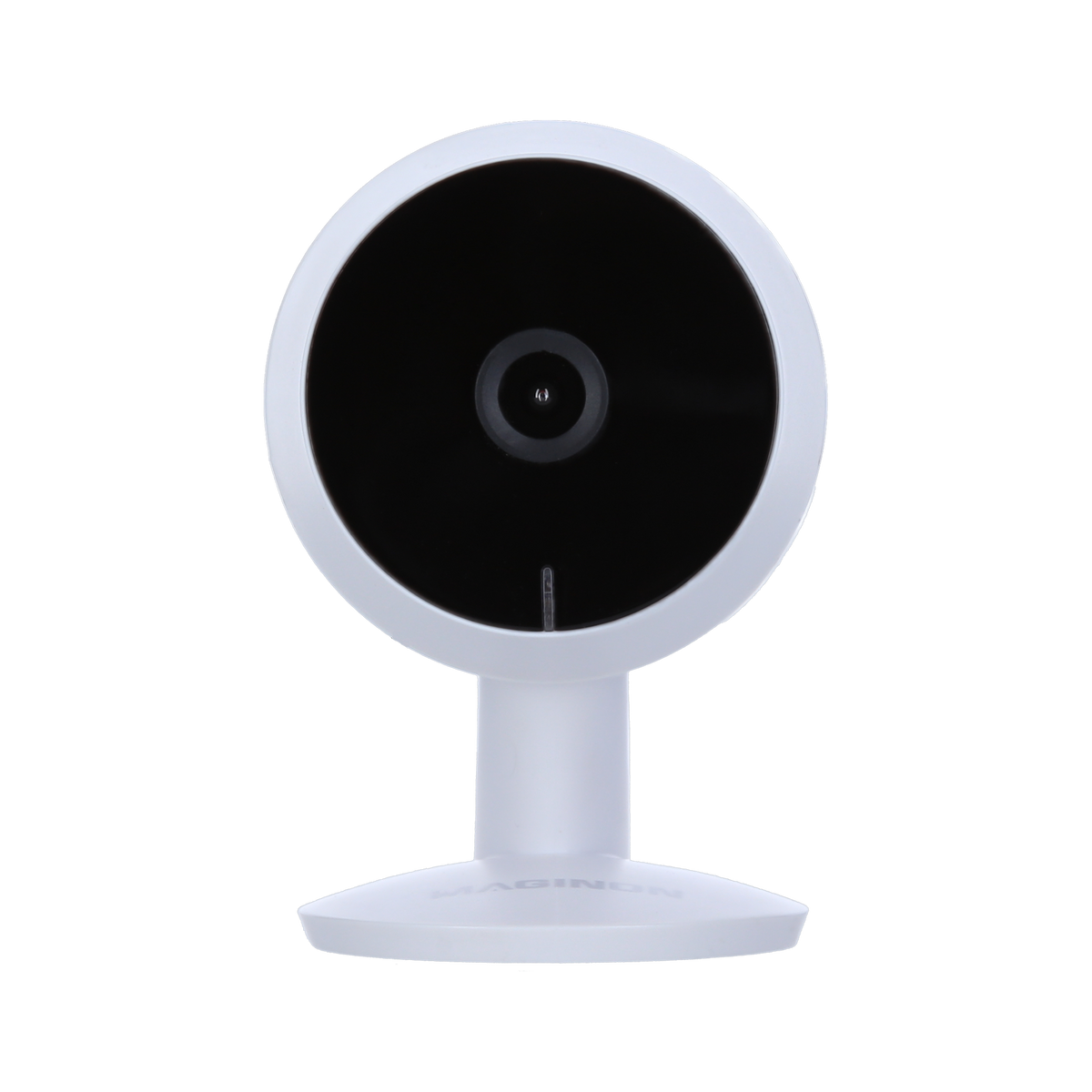 Die Maginon Indoor-Überwachungskamera IP 12s – Full-HD, Nachtsicht & App-Steuerung verfügt über ein weißes, rundes Gehäuse mit schwarzem Objektiv, einen stabilen Standfuß und bietet eine nahtlose Smart Life App-Integration.